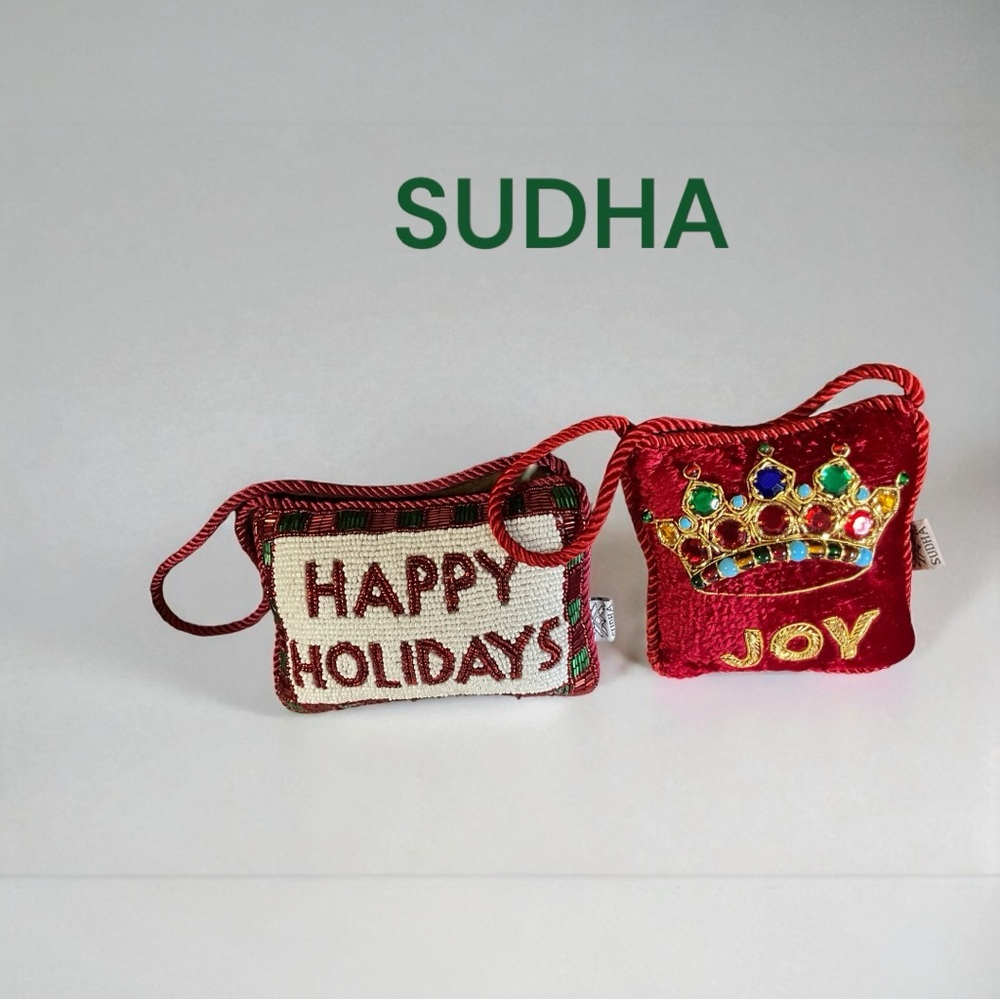 Sudha Hanging Rayon Velvet Beaded Holiday Pillow Decor Happy Holidays and Joy